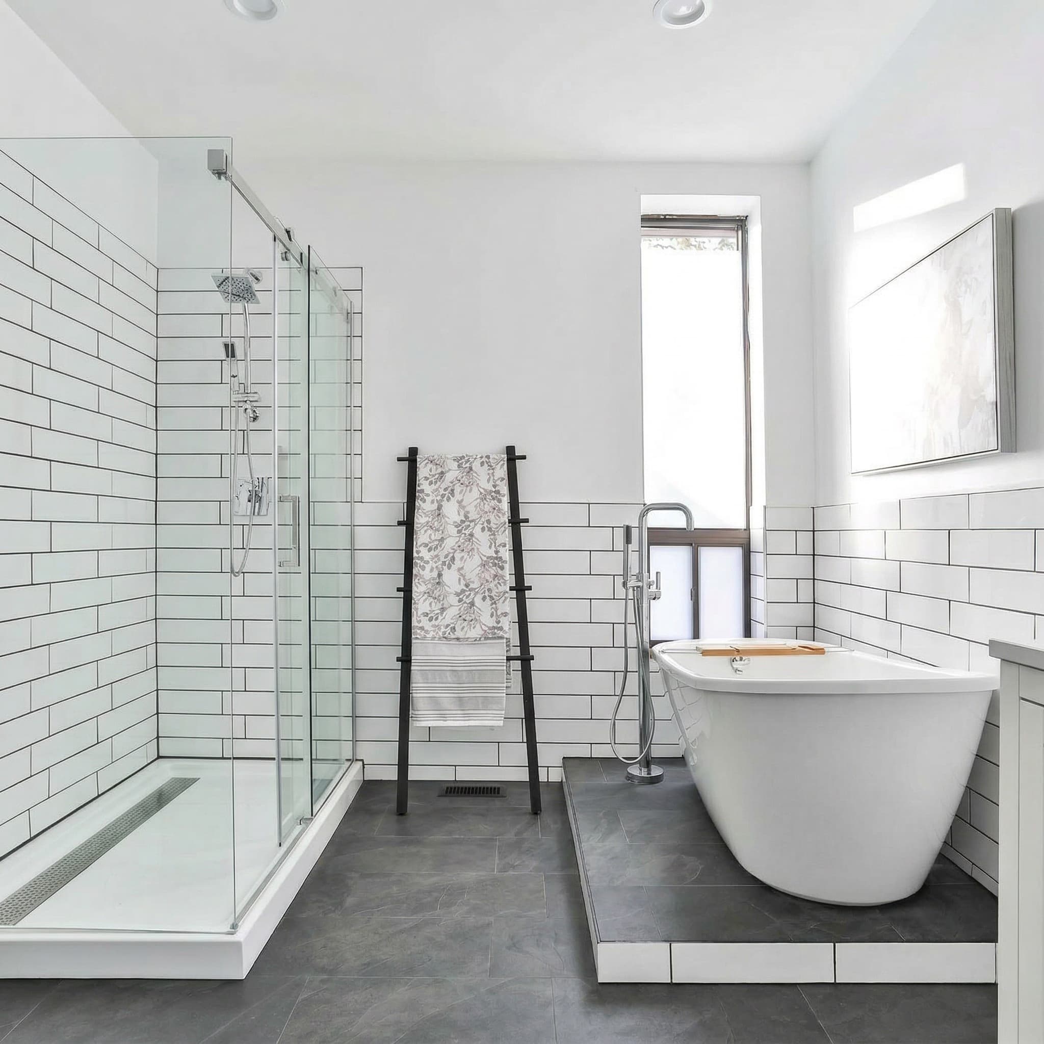 White subway tile bathroom with freestanding tub — 36 Ford Street